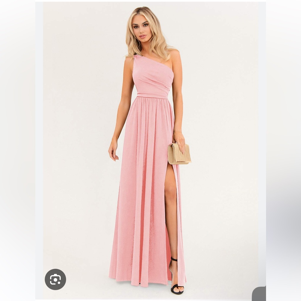 NWT Azazie On The Guest List Blushing Pink One-Shoulder Maxi Dress Large